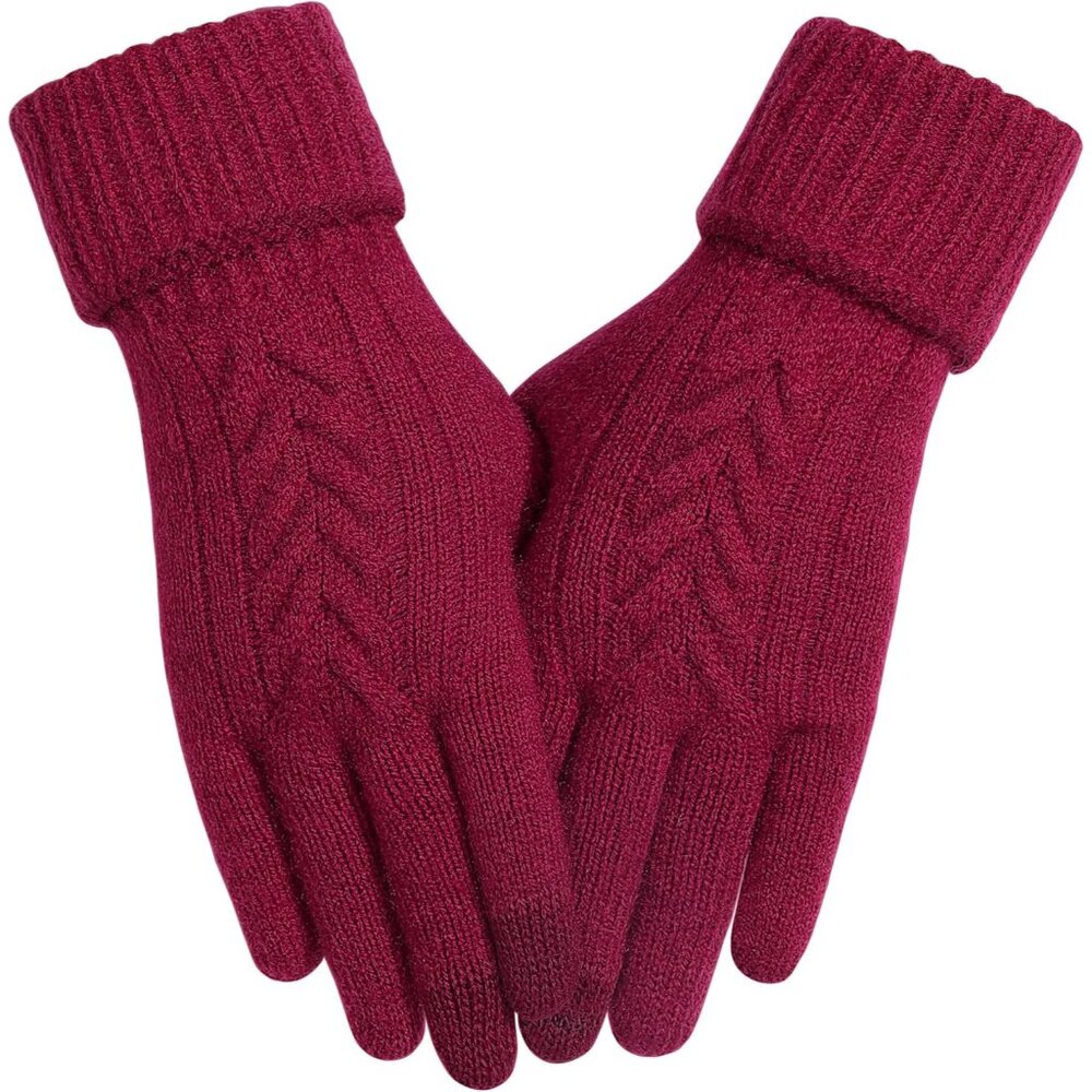 Women's Red Stylish Winter Warm Elastic Soft Knit Acrylic Lined Gloves Design